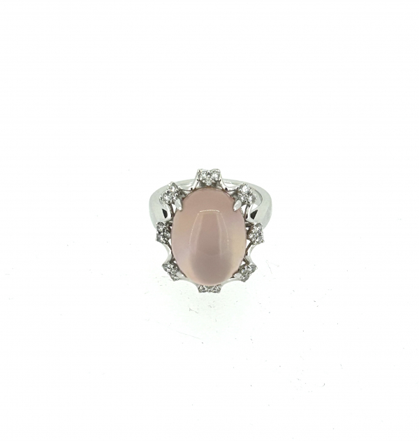 18ct White Gold, Rose Quartz & 0.36ct Diamond Ring.