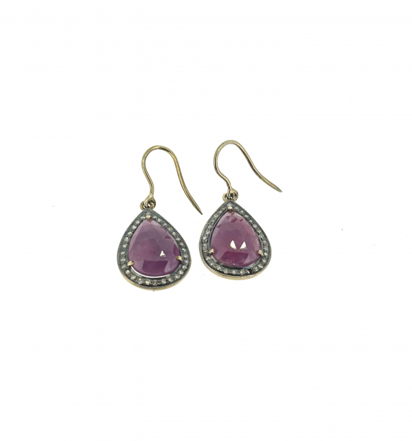 9ct Gold, Silver, Ruby & Diamond Drop Earrings.