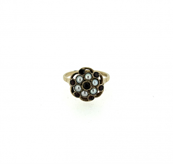 9ct Garnet & Seed Pearl Ring.