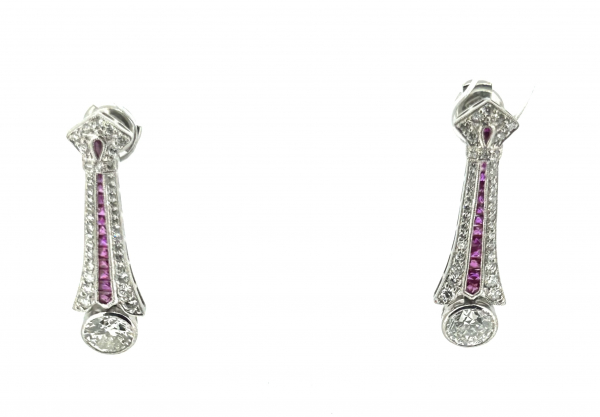 Platinum, 4.50ct Diamond & 0.50ct Ruby Art Deco Earrings - Image 2