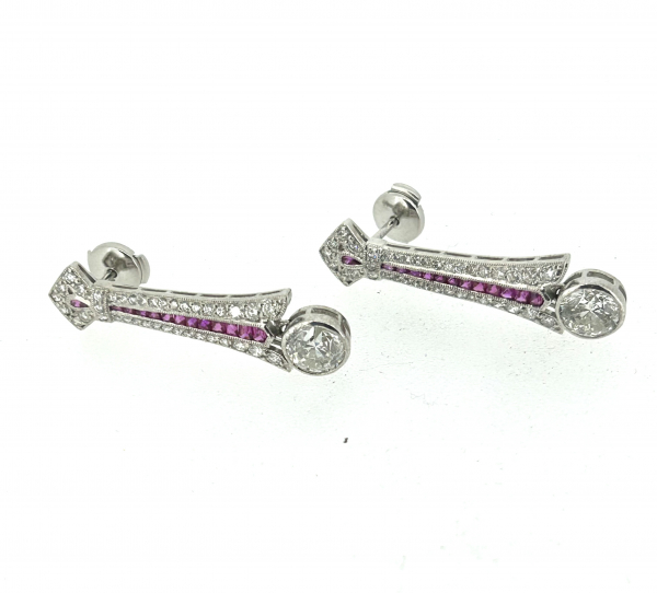 Platinum, 4.50ct Diamond & 0.50ct Ruby Art Deco Earrings