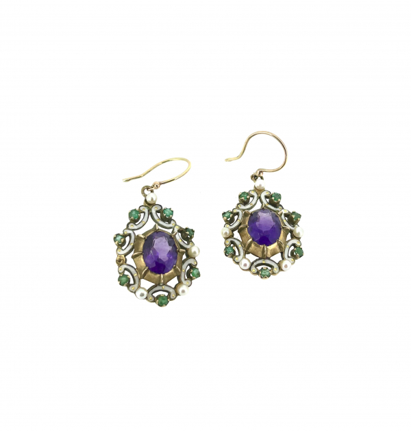 9ct Gold, Amethyst, Pearl & Emerald Suffragette drop Earrings