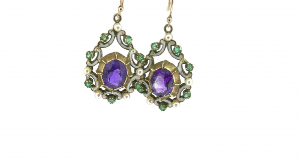 9ct Gold, Amethyst, Pearl & Emerald Suffragette drop Earrings - Image 3