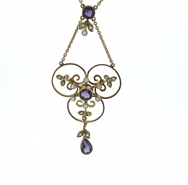 9ct Gold Art Nouveau Seed Pearl & Amethyst Necklace