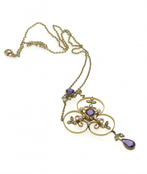 9ct Gold Art Nouveau Seed Pearl & Amethyst Necklace - Image 3