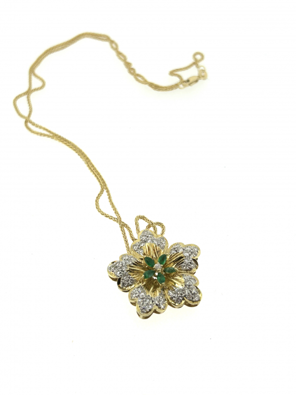 18ct Yellow Gold, Emerald & Diamond Flower Necklace - Image 2
