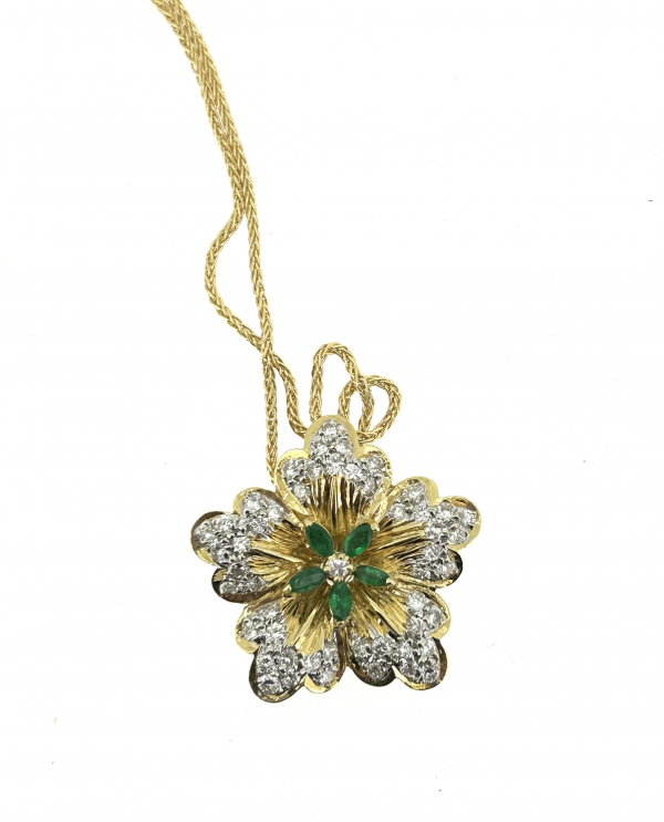18ct Yellow Gold, Emerald & Diamond Flower Necklace