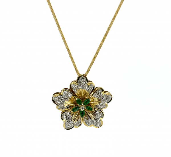 18ct Yellow Gold, Emerald & Diamond Flower Necklace - Image 5
