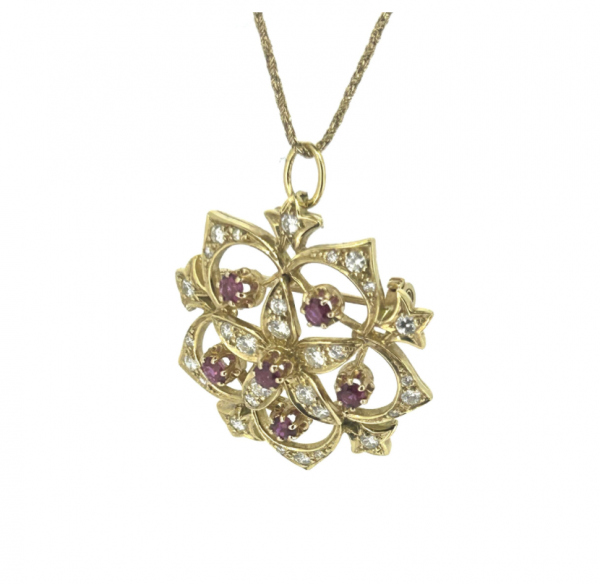 18ct Art Nouveau Ruby & Diamond Brooch Pendant - Image 3