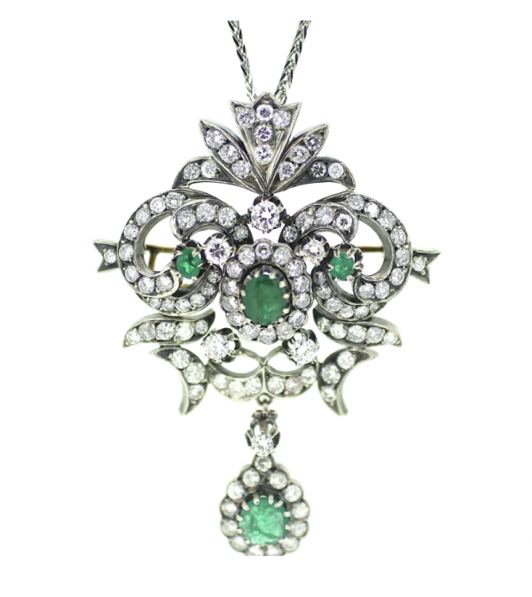 18ct Victorian Emerald Diamond Pendant Brooch