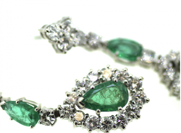 Platinum, Emerald & Diamond Chandelier Drop Earrings - Image 2