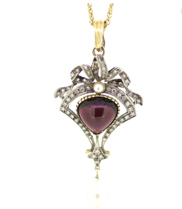 15ct Edwardian Diamond, Garnet & Pearl Pendant