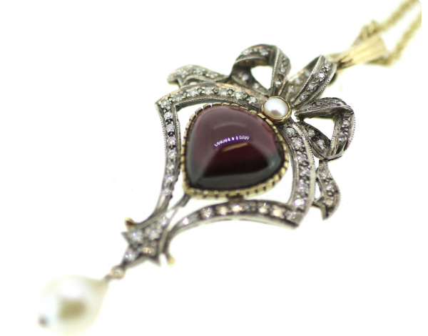 15ct Edwardian Diamond, Garnet & Pearl Pendant - Image 3