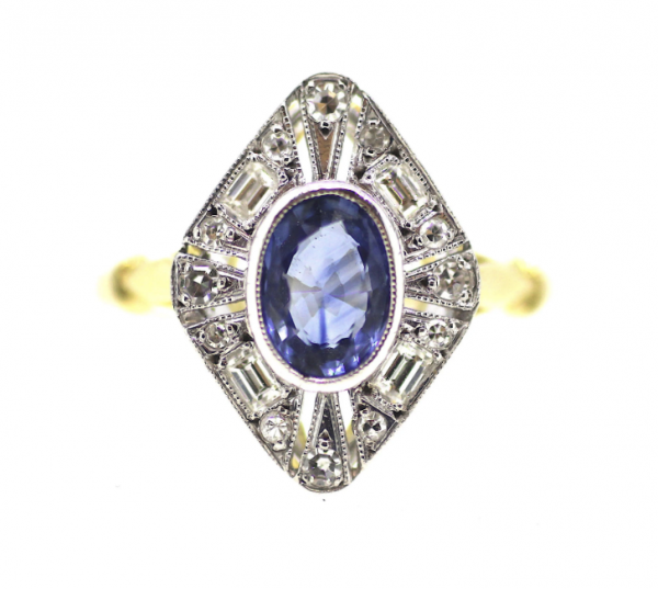 18ct British Art Deco, Sapphire & Diamond Ring