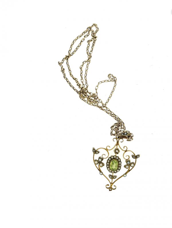 9ct Gold Art Nouveau Peridot & Seed Pearl Necklace - Image 2