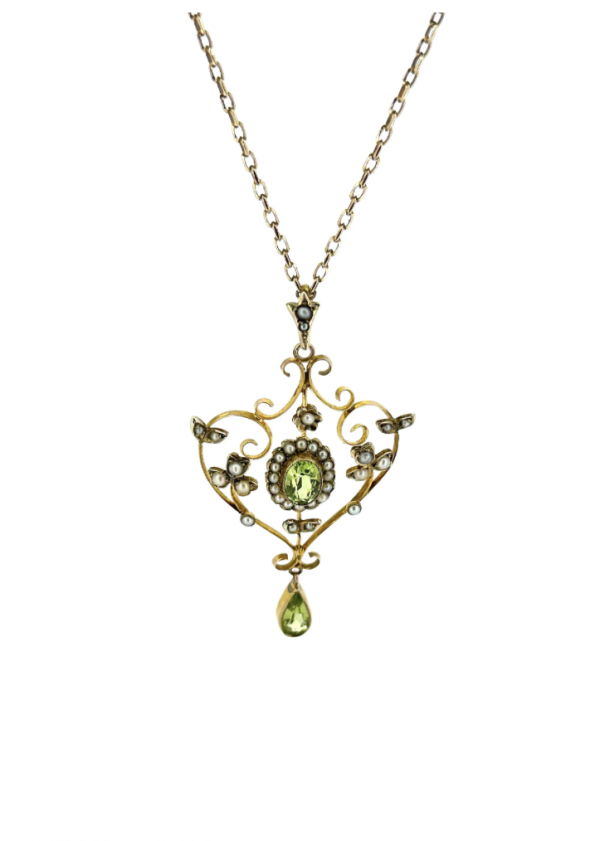 9ct Gold Art Nouveau Peridot & Seed Pearl Necklace