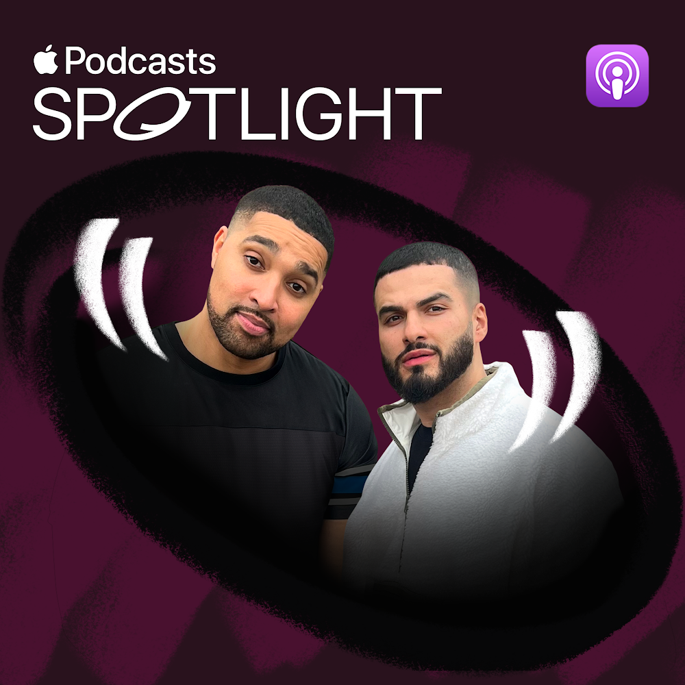 Marcus and Kae Kurd with a the apple spotlight and apple podcasts logo